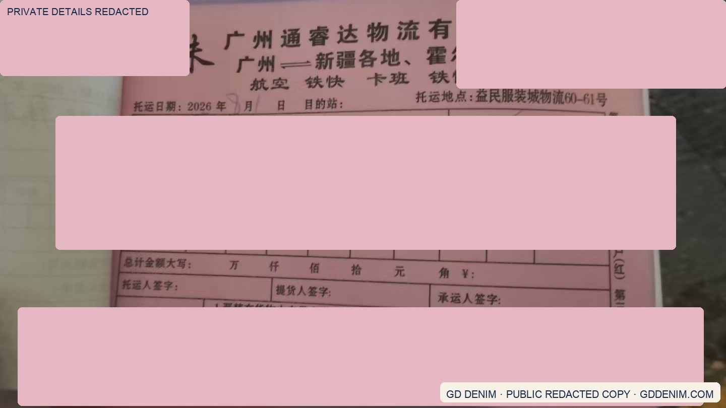 Privacy-redacted carrier form showing the Guangzhou to Xinjiang and Horgos logistics route