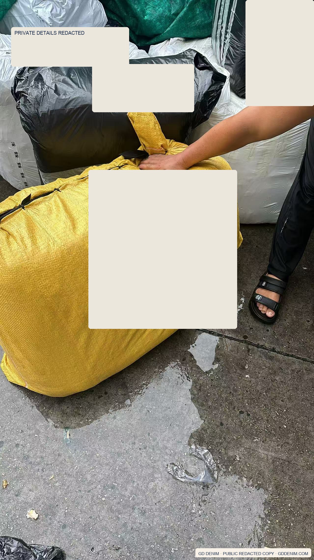 Multiple real garment bales prepared for dispatch with every handwritten private detail permanently redacted