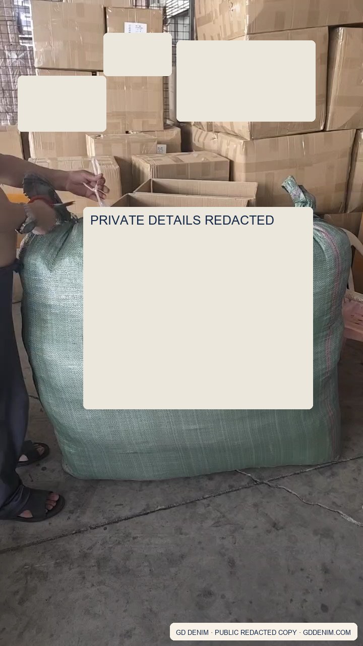 Real garment packing scene with package and carton identifiers permanently redacted