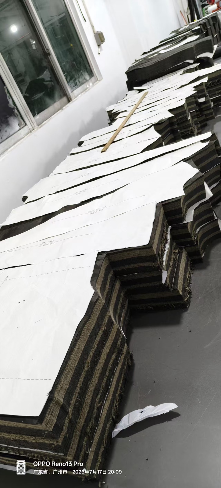 Cut denim panels prepared for sewing