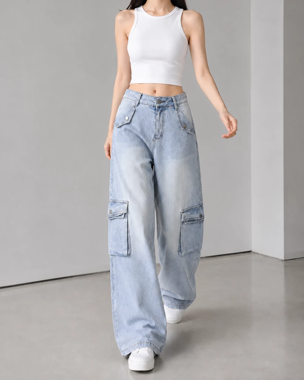 GD DENIM style 13515-33 Light-wash cargo wide-leg
