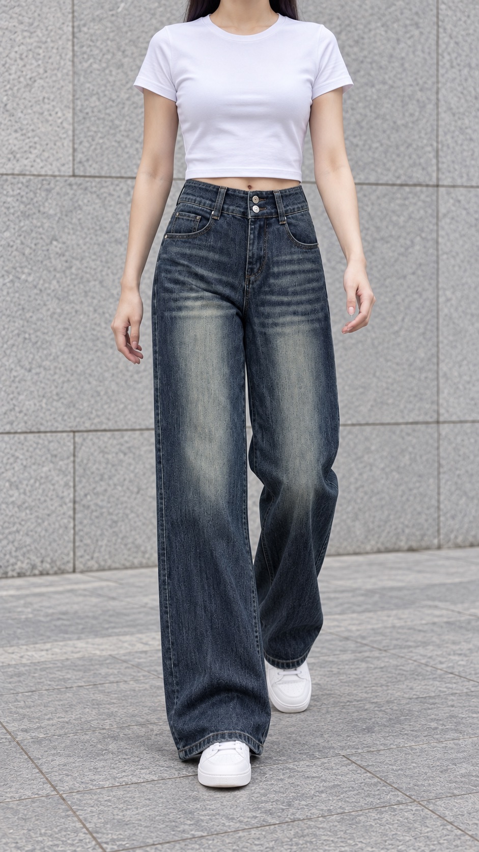 GD DENIM dark-wash wide-leg jeans, walking view