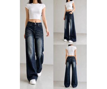 GD DENIM official style WJ-009 High-rise stretch deep blue washed wide-leg jeans