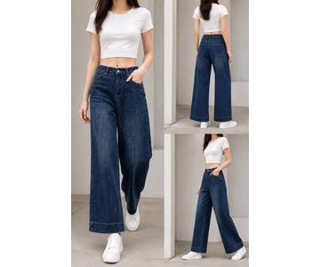 GD DENIM official style WJ-013 High-rise stretch mid blue washed wide-leg jeans