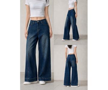 GD DENIM official style WJ-014 High-rise stretch deep blue washed wide-leg jeans