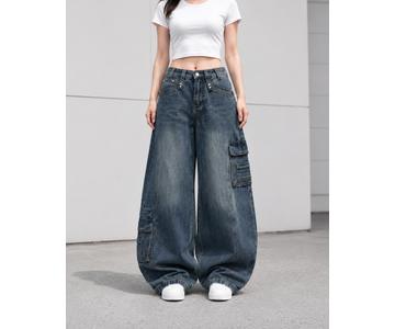 GD DENIM official style WJ-016 High-rise rigid deep blue washed wide-leg jeans