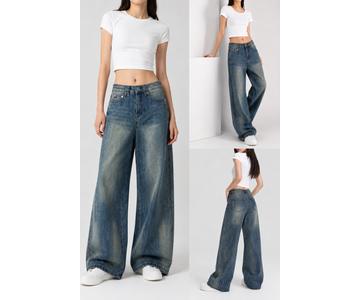GD DENIM official style WJ-021 High-rise rigid deep blue washed wide-leg jeans