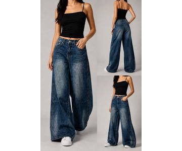 GD DENIM WJ-022 High-rise rigid deep blue washed wide-leg jeans