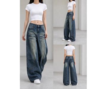 GD DENIM official style WJ-024 High-rise stretch vintage blue washed wide-leg jeans