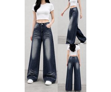 GD DENIM official style WJ-033 High-rise stretch deep blue washed relaxed cropped jeans