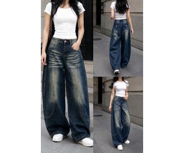 GD DENIM official style WJ-035 High-rise stretch deep blue washed barrel jeans