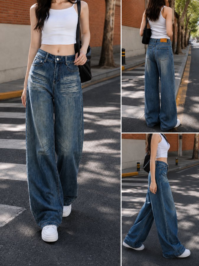GD DENIM WJ-036 High-rise stretch mid blue washed wide-leg jeans