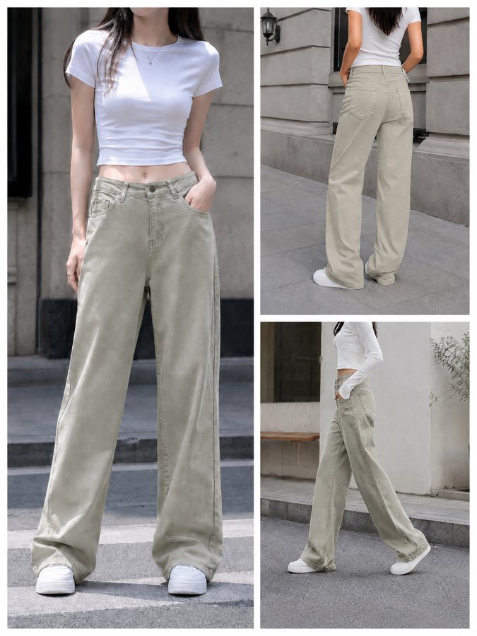 GD DENIM official style WJ-037 High-rise stretch khaki grey washed wide-leg jeans