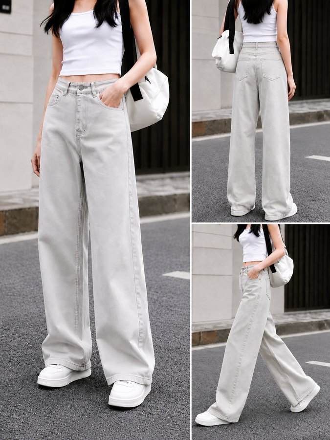 GD DENIM official style WJ-038 High-rise stretch off-white washed wide-leg jeans