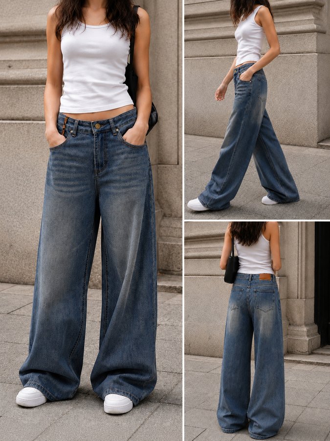 GD DENIM official style WJ-039 High-rise stretch vintage blue washed wide-leg jeans