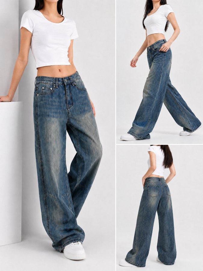 GD DENIM official style WJ-040 High-rise stretch vintage blue washed wide-leg jeans