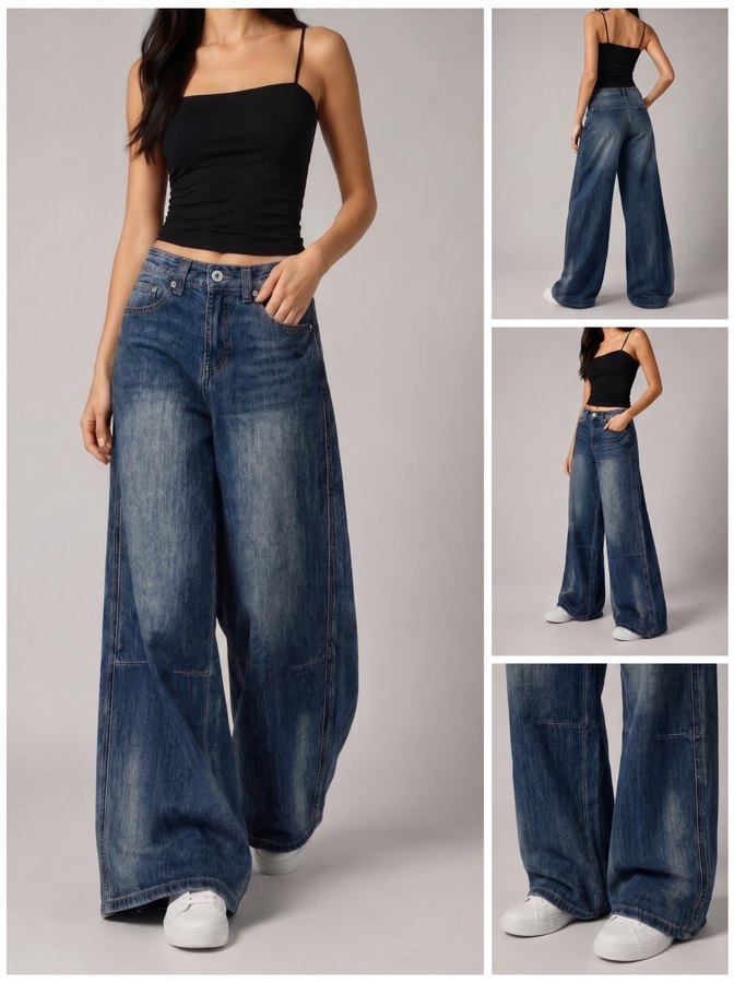 GD DENIM official style WJ-041 High-rise stretch vintage blue washed wide-leg jeans
