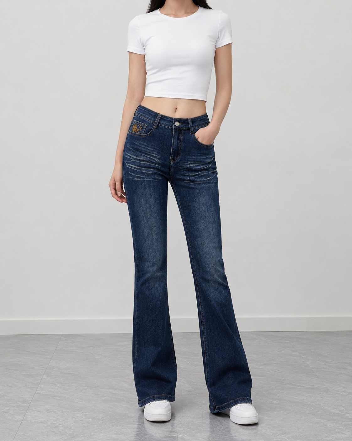 GD DENIM official style WJ-043 deep-blue washed flare jeans front view